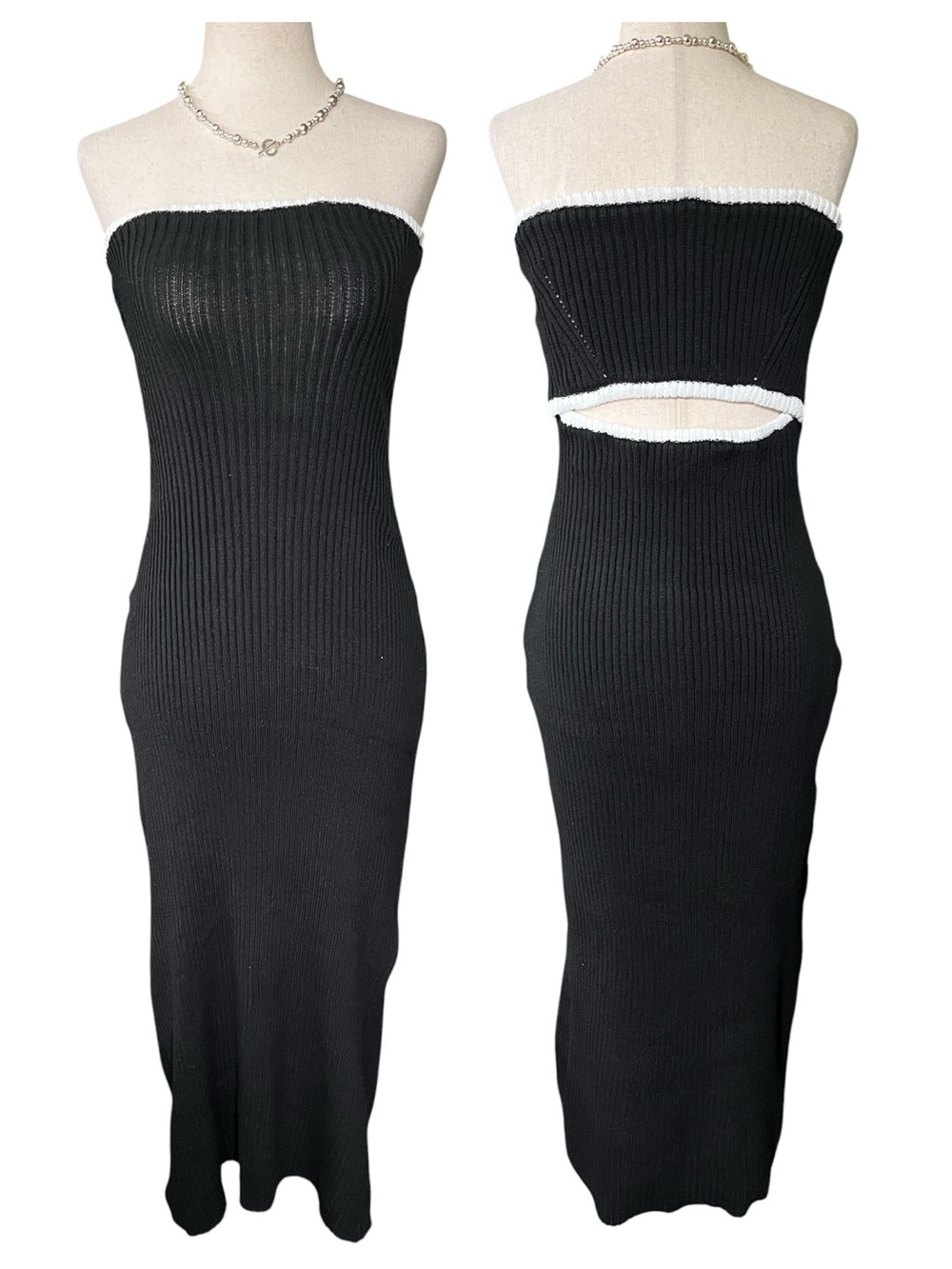 black and white ribbed knit strapless maxi dress with a cutout back detail